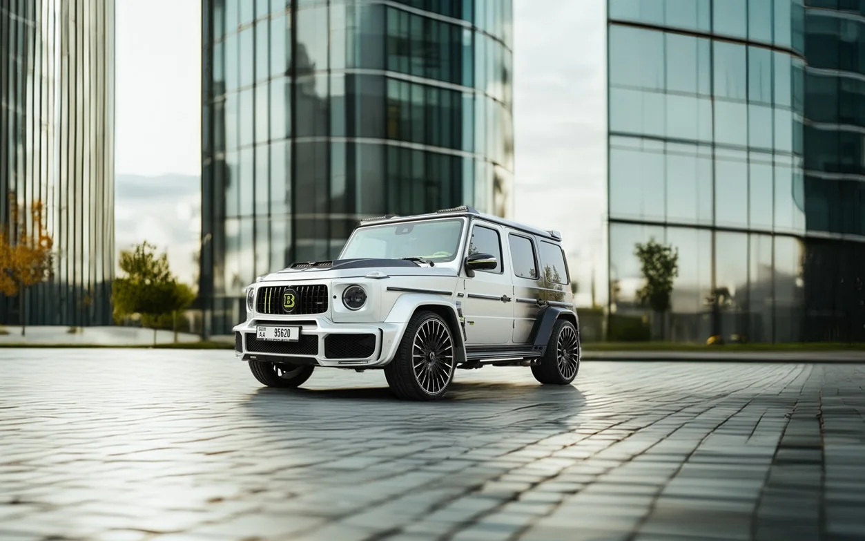 Mercedes-AMG G63 Brabus kit 2023 in silver and black, front three-quarter view